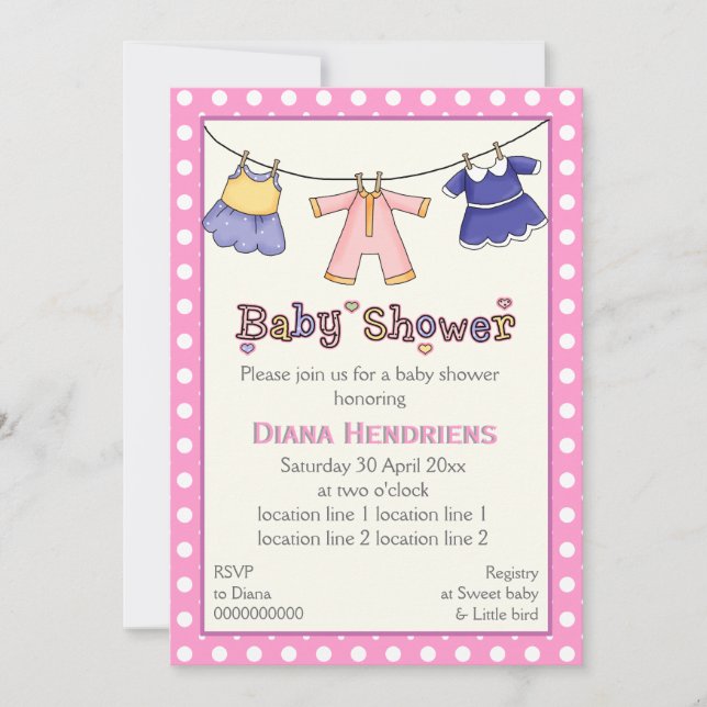 Wäscheleine Babydusche personalisiert Einladung (Vorderseite)