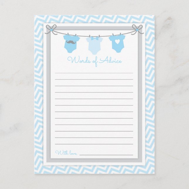 Wäscheleine Babydusche Wörter der Ratschläge blau- Postkarte (Vorderseite)