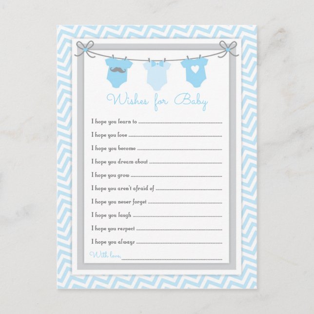 Wäscheleine Babydusche Wünsche für Baby blau-grau Postkarte (Vorderseite)