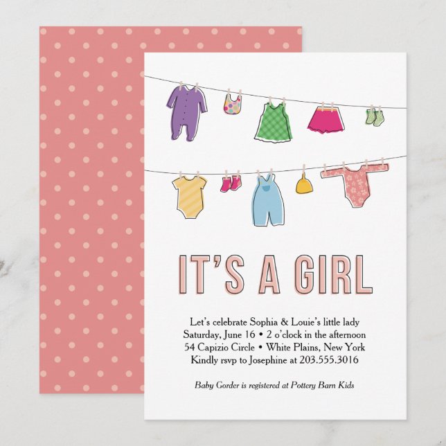 Wäscheleine-Babyparty-Einladung, Mädchen Einladung (Vorne/Hinten)