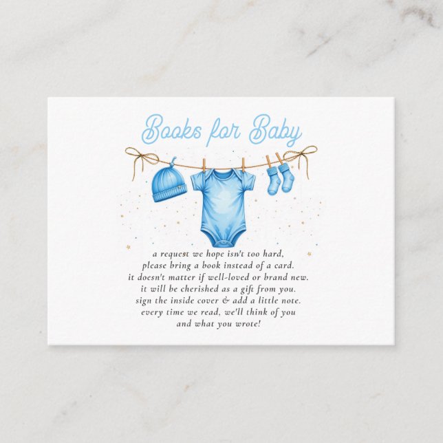 Wäscheleine Blau Junge Baby Shower Buchanfrage  Begleitkarte (Vorderseite)