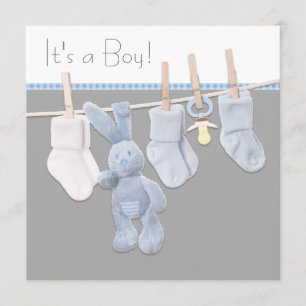 Wäscheleine Blaue und Graue Babyparty für Jungen Einladung