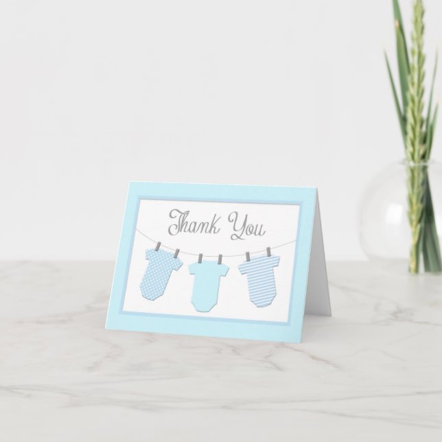 Wäscheleine-blauer Jungen-Babyparty danken Ihnen Dankeskarte (Vorderseite)