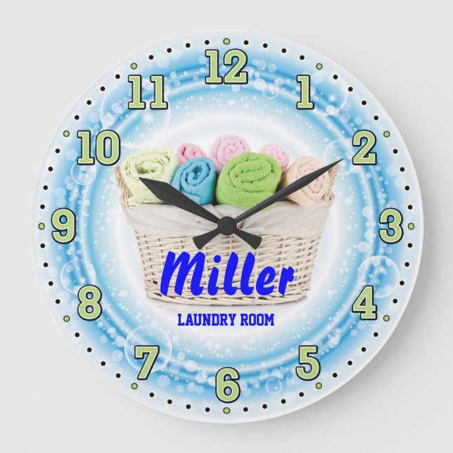 Wäscheservice personalisierbare Wandklemme Große Wanduhr (Vorderseite)