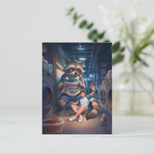 Wäschezeit – Selfie mit einem riesigen Waschbären Postkarte