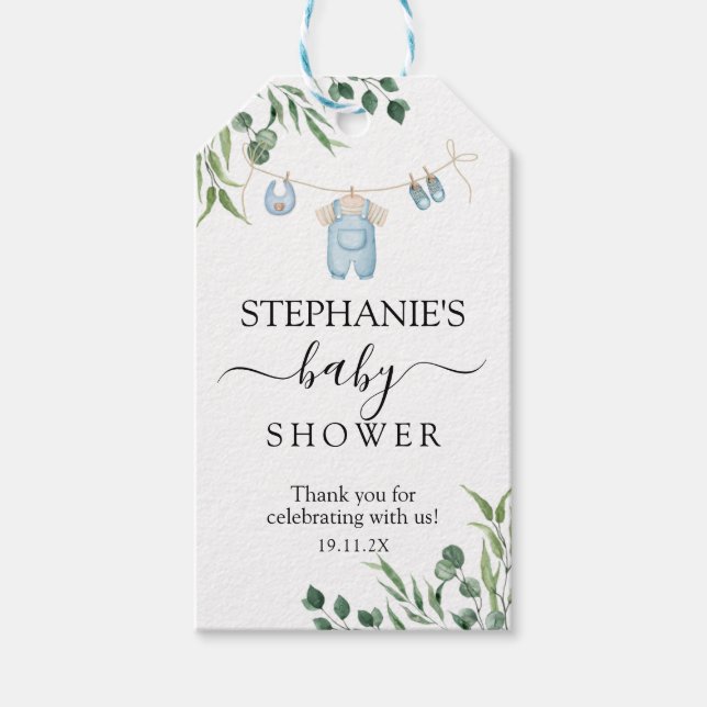 Waschsalon Blue Greenery Baby Dusche Geschenkanhänger (Vorderseite)