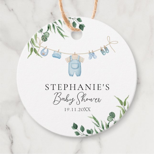 Waschsalon Blue Greenery Baby Dusche Geschenkanhänger (Vorderseite)