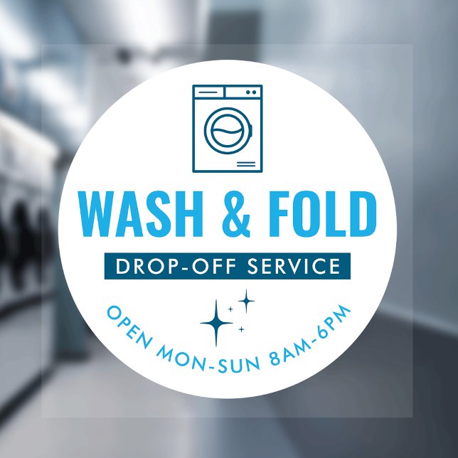 Wash and Fold Service Laundry Dry Cleaners Blue Fensteraufkleber (Modern blue and white Wash & Fold marketing window cling sign)