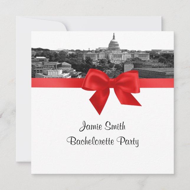 Wash DC Skyline Etched BW Red SQ Bachelorette Einladung (Vorderseite)