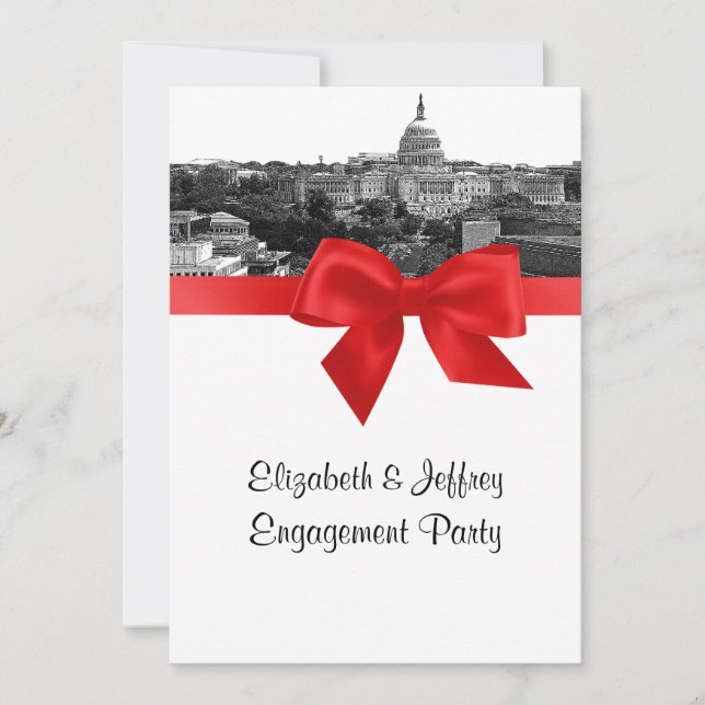 Wash DC Skyline Etetted BW Red Engagement Party Einladung (Vorderseite)