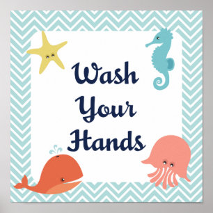 Wash Your Hands Sea Life Kids Poster Print