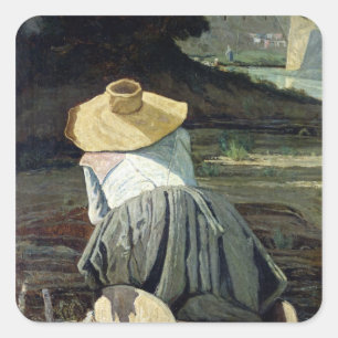 Washerwoman durch den Fluss, 1860 Quadratischer Aufkleber
