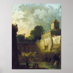 Washerwomen im Burggraben eines italienischen Poster