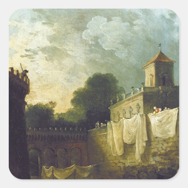 Washerwomen im Moat einer italienischen Villa Quadratischer Aufkleber (Vorderseite)