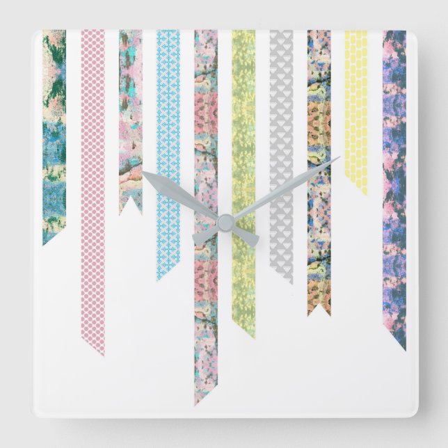 Washi Band-Pastelle | DIY u. Band-Streifen des Quadratische Wanduhr (Vorderseite)