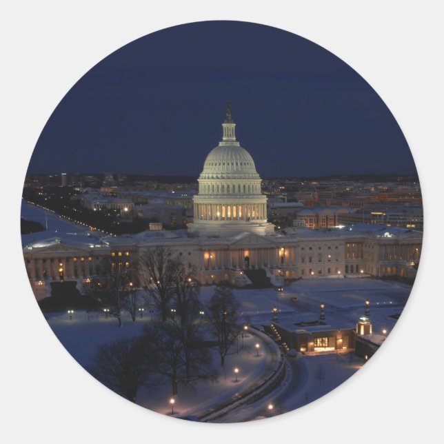 Washington D.C. Hauptstadt Gebäude in Winternacht Runder Aufkleber (Vorderseite)