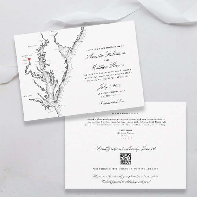 Washington DC All-in-One QR Code UAWG Wedding Einladung (Washington DC All-in-One QR code Wedding invitation in elegant black and white | Coastal Map Designs)