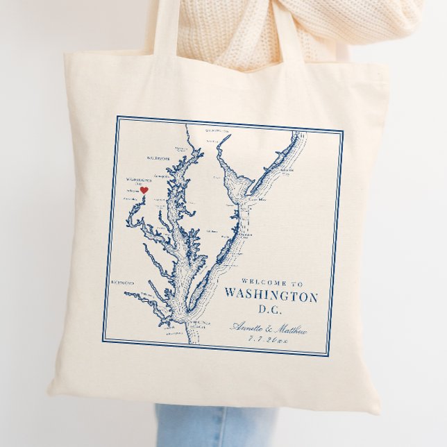 Washington DC Elegant Navy Wedding Welcome Tragetasche (Washington DC Map Wedding Favor Tote Bag with elegant navy blue Chesapeake Bay illustration)