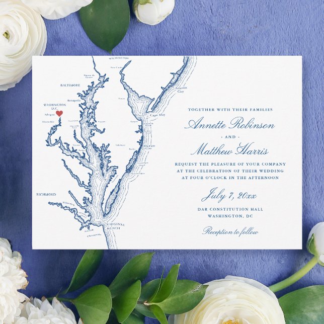 Washington DC Map Elegant Marine Wedding Einladung (Washington DC Map Wedding invitation with elegant navy blue Chesapeake Bay by Coastal Map Designs)