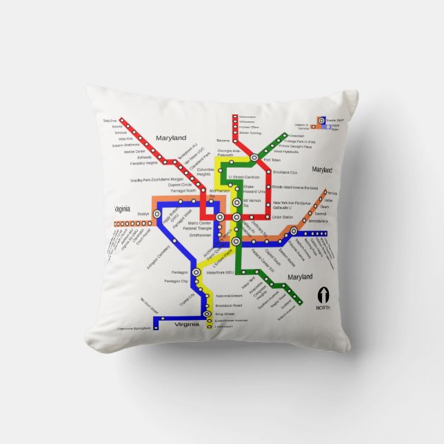 Washington DC-Metro-Untergrundbahn-Karten-Kissen Kissen (Vorderseite)
