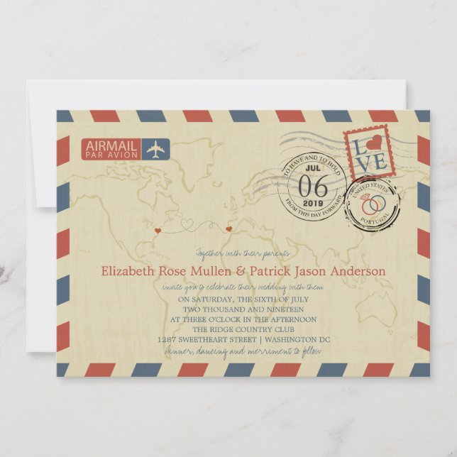 Washington DC / Portugal Airmail | Hochzeit Einladung (Vorderseite)