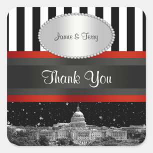 Washington DC Skyline Blk Wht Stripe P Favor Tags Quadratischer Aufkleber