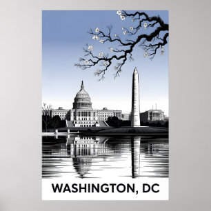 Washington DC Skyline Schwarz Weiß Holzschnitt Poster