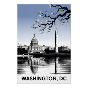 Washington DC Skyline Schwarz Weiß Holzschnitt Poster