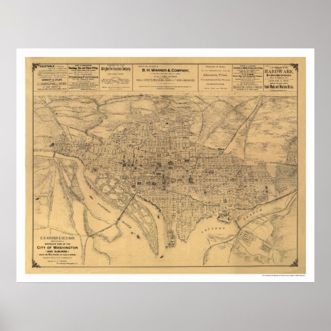 Washington DC & Suburbs Karte von Gedney 1886 Poster (Vorne)