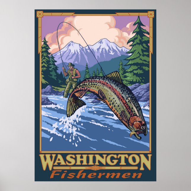 Washington Fisherman - Fly Fishing Travel Poster (Vorne)