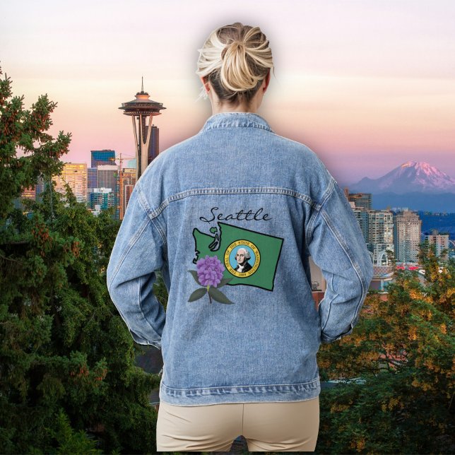 Washington Flag & Blume Pacific Rhododendron Jeansjacke (Von Creator hochgeladen)
