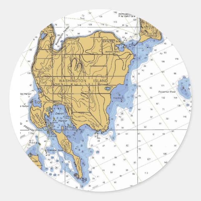 Washington Island, WI Nautical Chart Runder Aufkleber (Vorderseite)