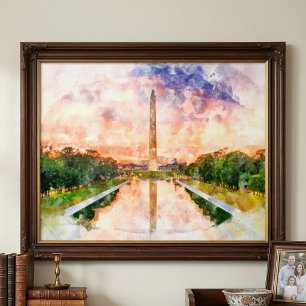 Washington Monument Aquarell Sonnenuntergang Refle Fotodruck