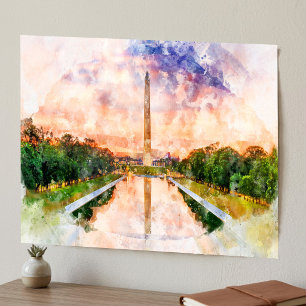Washington Monument Aquarell Sonnenuntergang Refle Poster