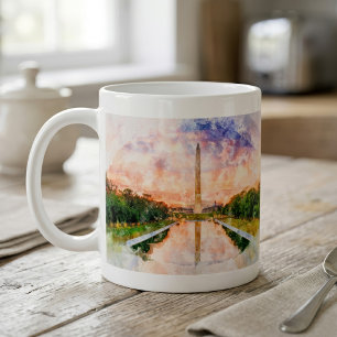 Washington Monument Wasserfarbe bei Sonnenuntergan Kaffeetasse