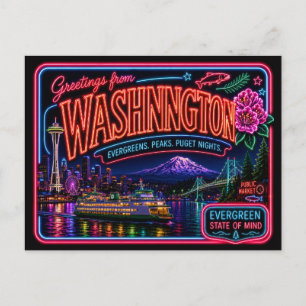Washington Neon State Retro Vintage Postkarte