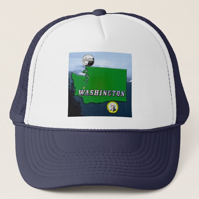 Washington Staat Map Imitate Viertel, Siegel, Berg Truckerkappe (Vorderseite)