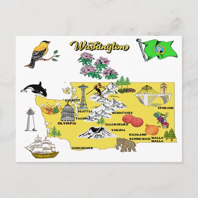 Washington Staat Map mit Touristenzielen Postkarte (Vorderseite)