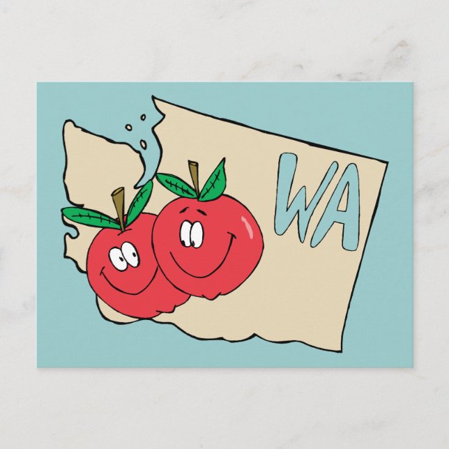 Washington Staat WA Cartoon Map mit Apple Art Postkarte (Vorderseite)