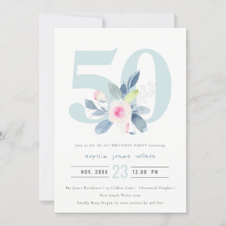WASSER AQUA BLUSH BLUE FLORAL 50. ALTER GEBURTSTAG EINLADUNG