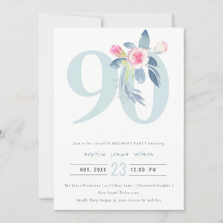 WASSER AQUA BLUSH BLUE FLORAL 90. ALTER GEBURTSTAG EINLADUNG