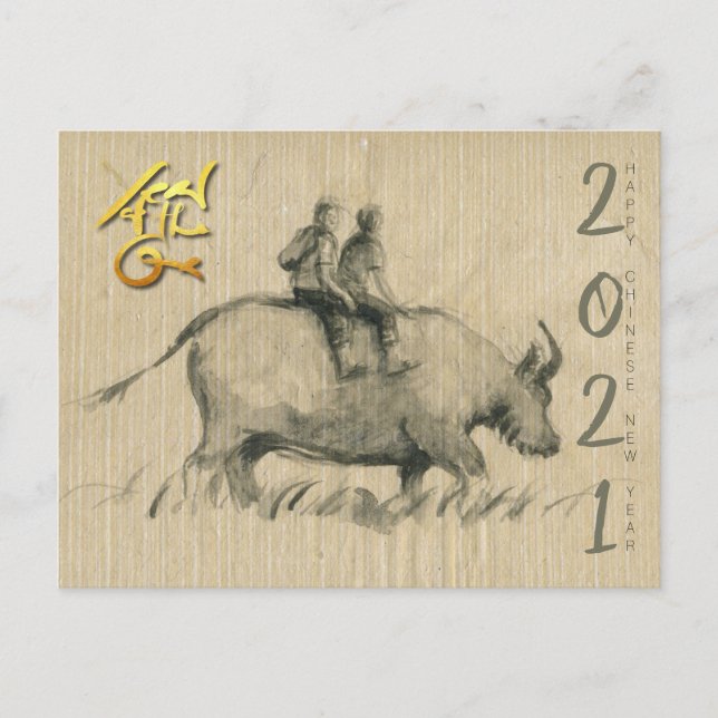 Wasser Buffalo Kinder Chinesisch Ox Jahr 2021 Post Postkarte (Vorderseite)
