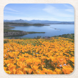 Wasser California Lake with Golden Poppies Rechteckiger Pappuntersetzer