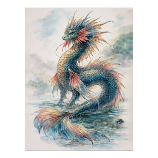 Wasser-Drache Neblige Gewässer Poster