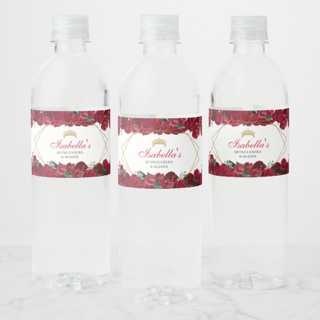 Wasser-Flasche-Etikett Rot und Gold Floral Quincea (Flaschen)