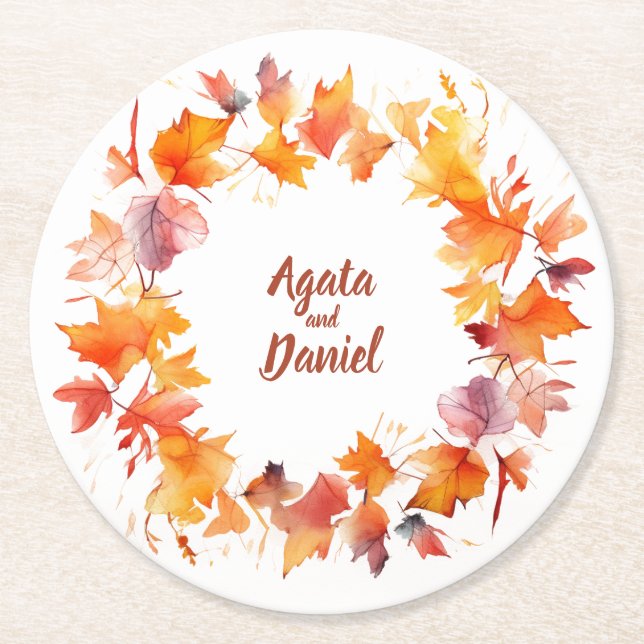 Wasser im Herbst: Personalisierte Hochzeitsslittsc Runder Pappuntersetzer (Vorderseite)