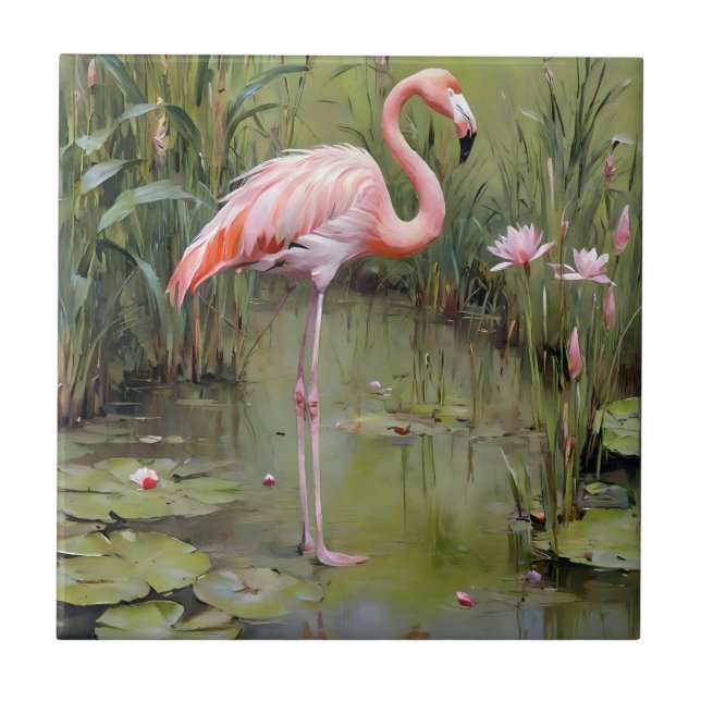 Wasser Lilies Flamingo und Ölgemälde, Fliese (Vorderseite)
