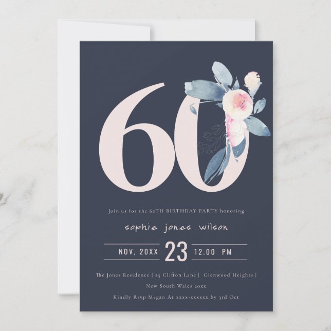 WASSER NAVY BLUSH BLUE BLUE FLORAL 60 JEDER ALTER  EINLADUNG (Vorderseite)