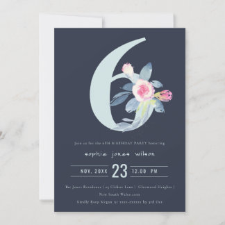 WASSER NAVY BLUSH BLUE FLORAL 6. ALTER GEBURTSTAG EINLADUNG