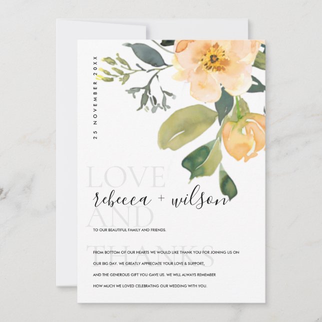 WASSER PASTEL PEACH PEONPEONWASSERFLORALE DANKESKARTE (Vorderseite)